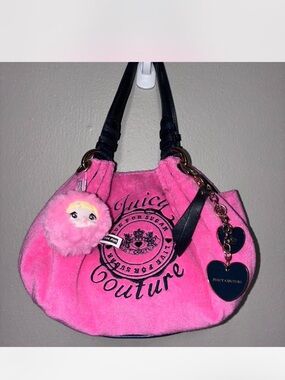 Juicy Couture Hot Pink Plush Shoulder Bag with Black Handles Vintage Y2K